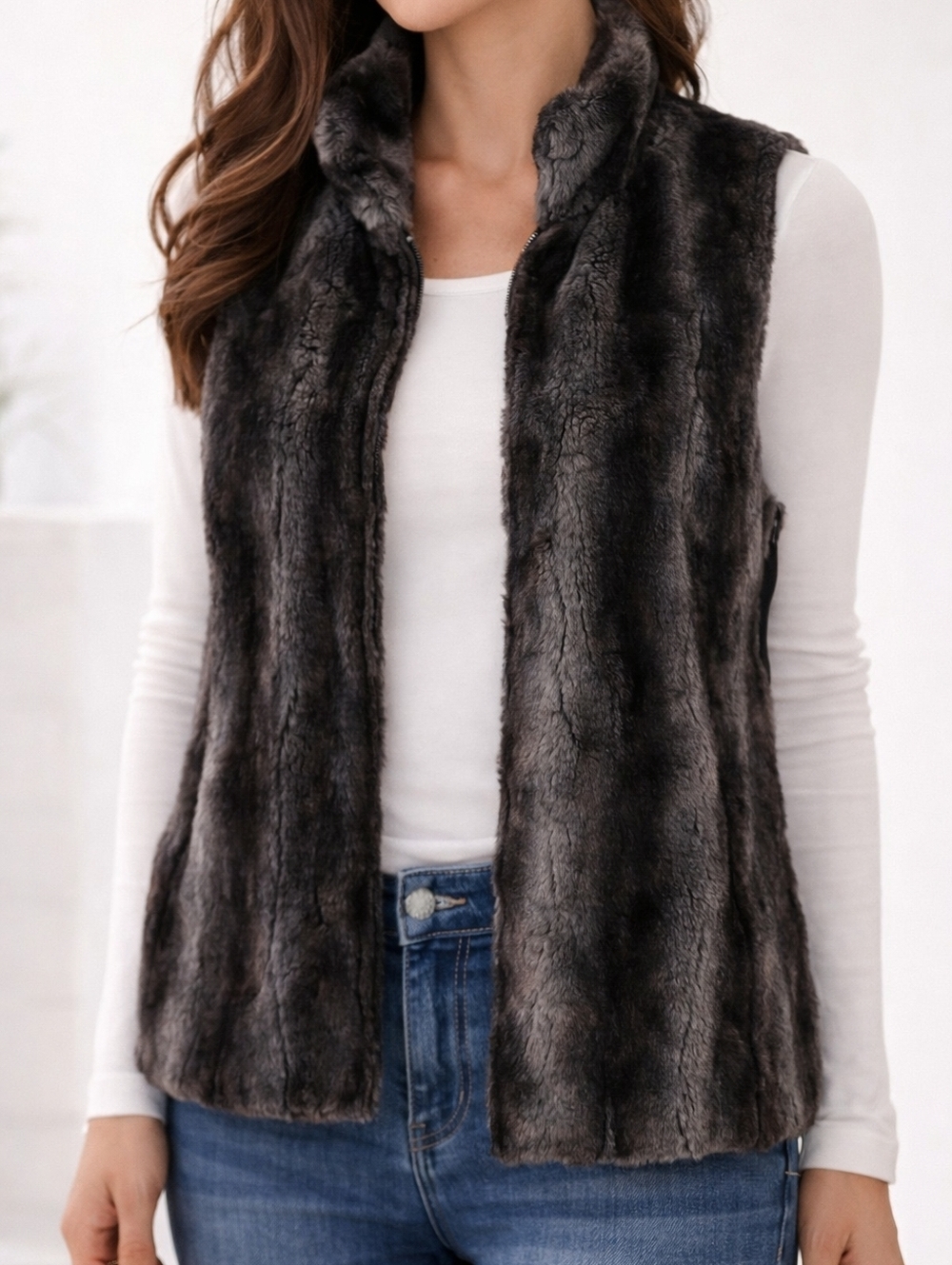 3/$30 Fuda Black Interchangeable Faux Mink Fur Gilet Waistcoat Vest FLAWED